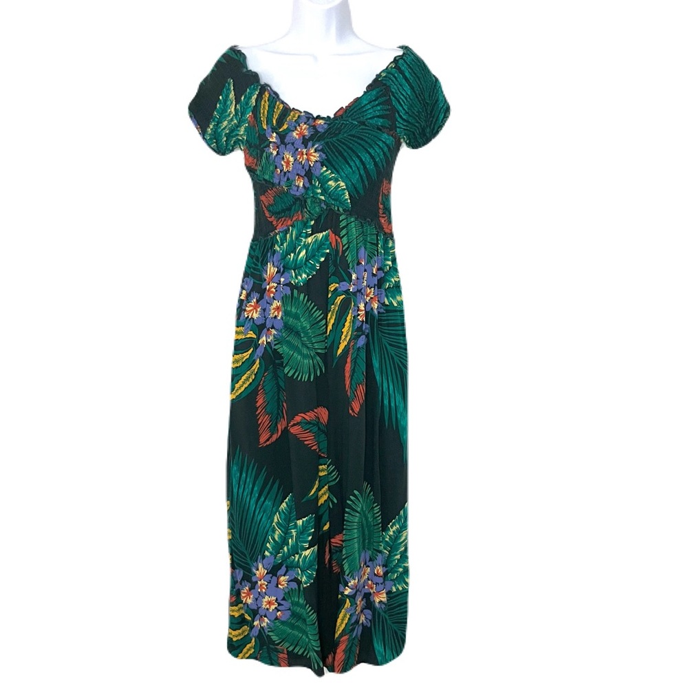 Patrons of Peace Tropical Floral Short Sleeve Smocked Off the Shoulder Jumpsuit